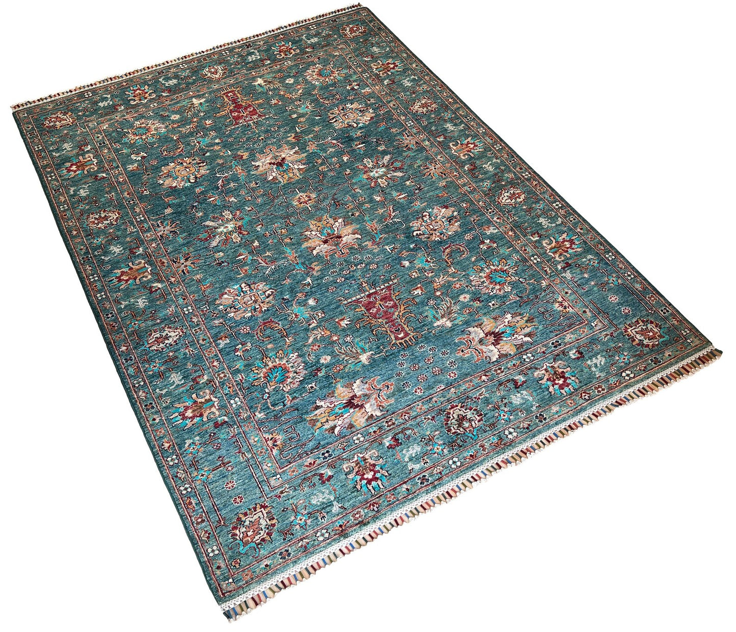 Kazak Oriental Emerald Green Rug.