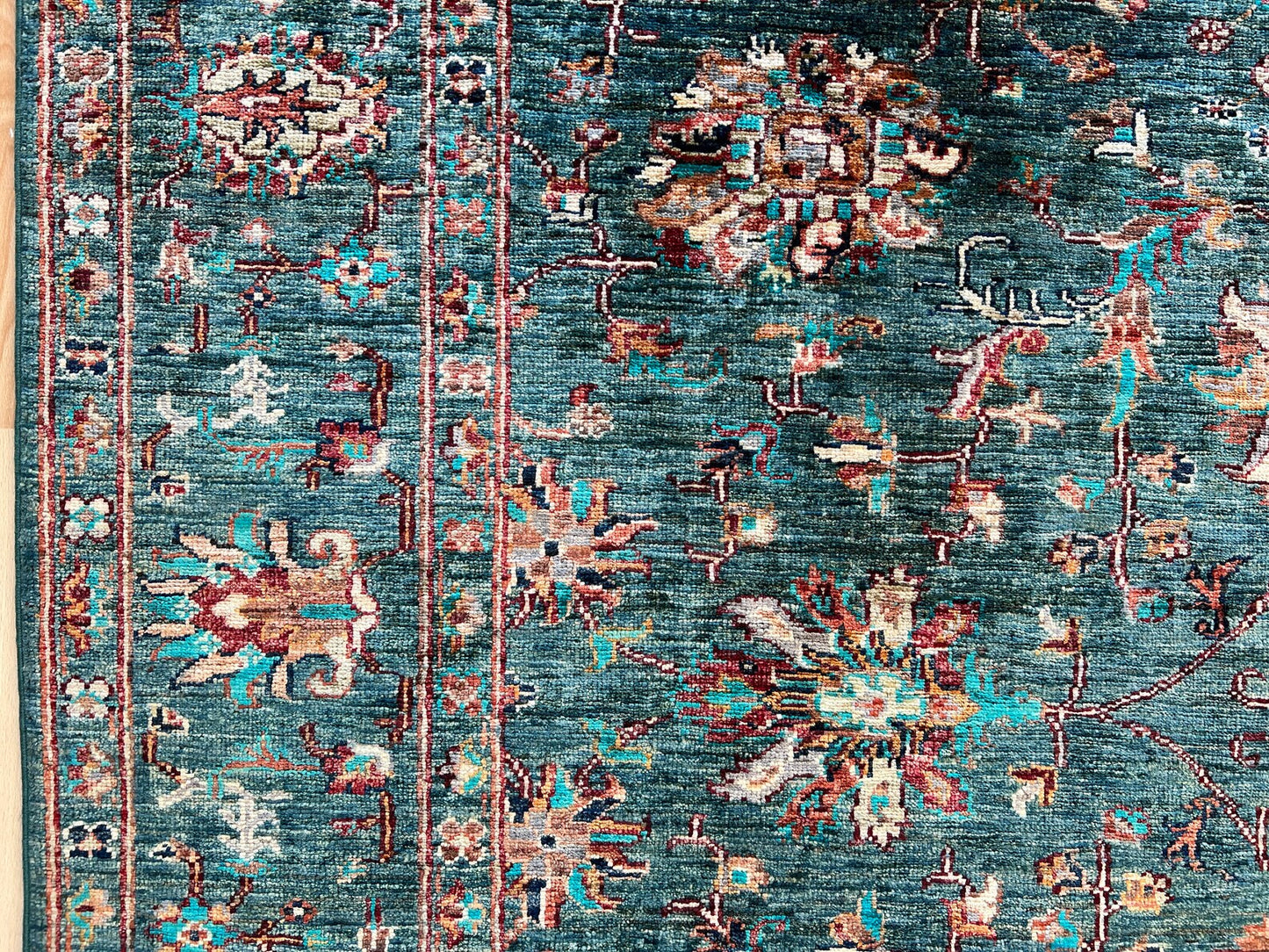 Kazak Oriental Emerald Green Rug.