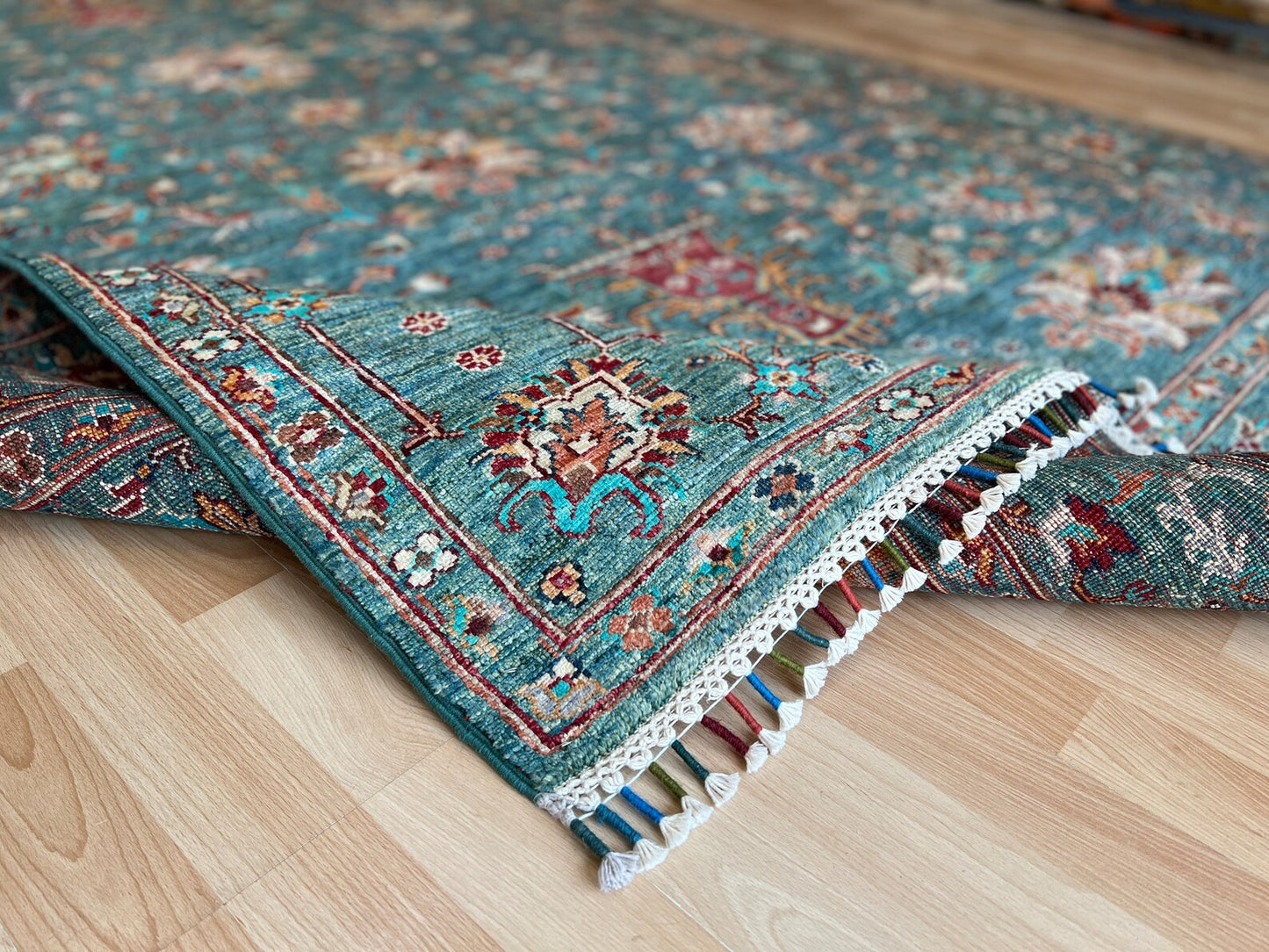 Kazak Oriental Emerald Green Rug.