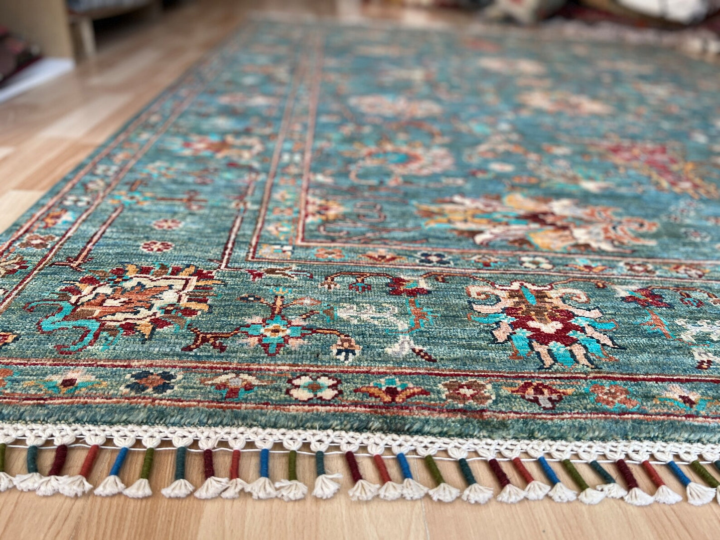 Kazak Oriental Emerald Green Rug.