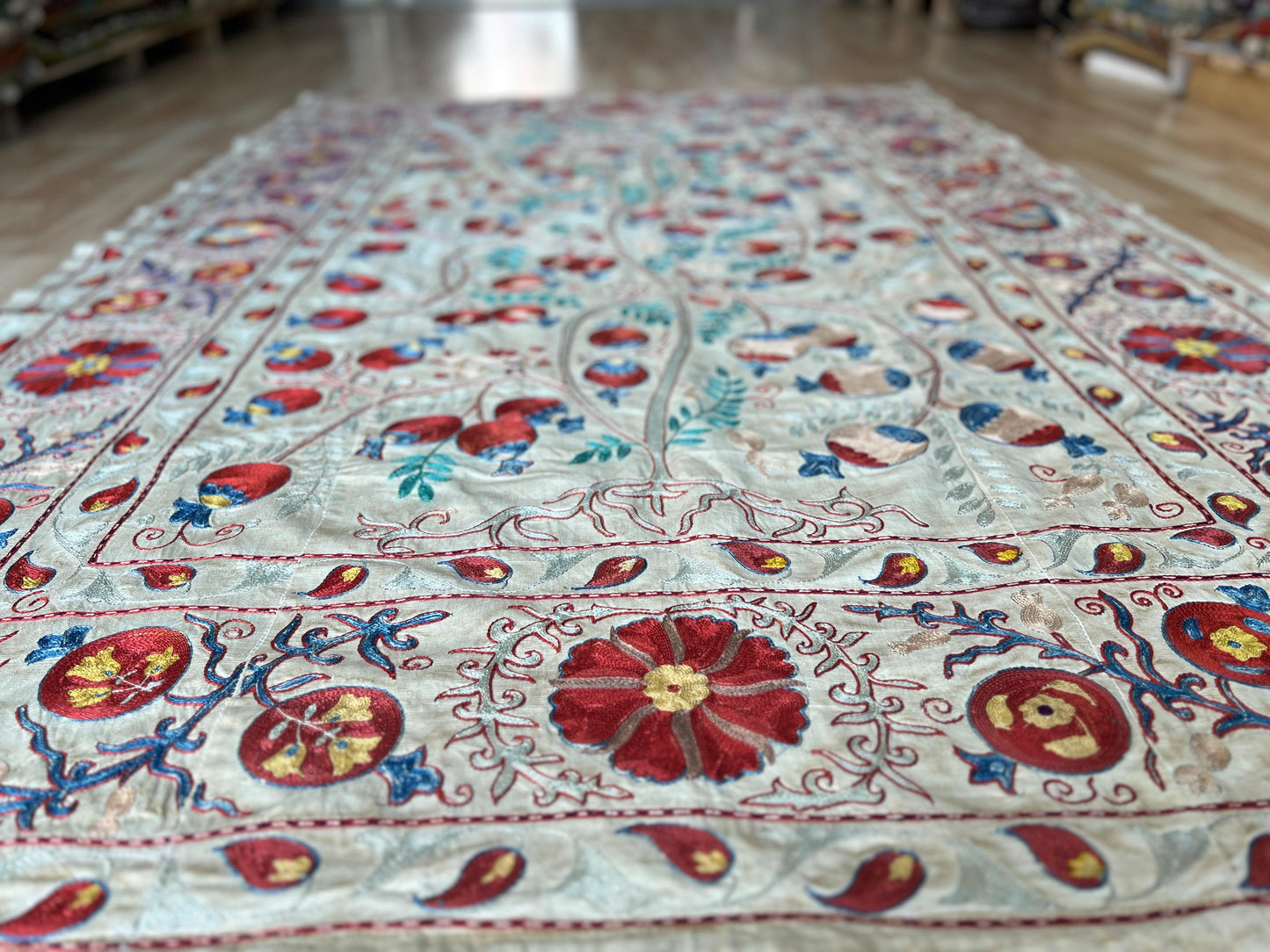 Suzani Hand Embroidered Silk bed cover.