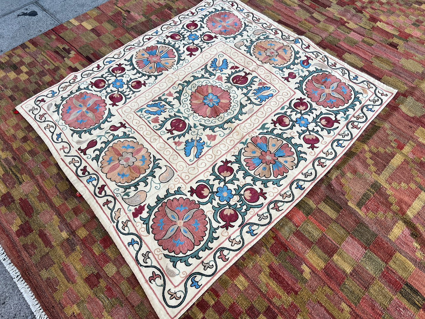 Vintage Suzani Hand Embroidered Silk 105x95cm